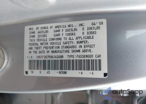 2009 Honda Accord Ex from USA, damaged, VIN 1HGCP26759A142488